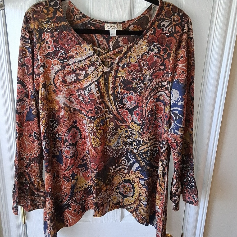 Boho Hippie Paisley Lace-Up Sparkle Top in Rust Brown Multi Color Shark Bite Hem